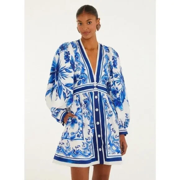 Farm Rio Off White Garden Tiles Front Button Mini Dress Size S NWT - Picture 1 of 7